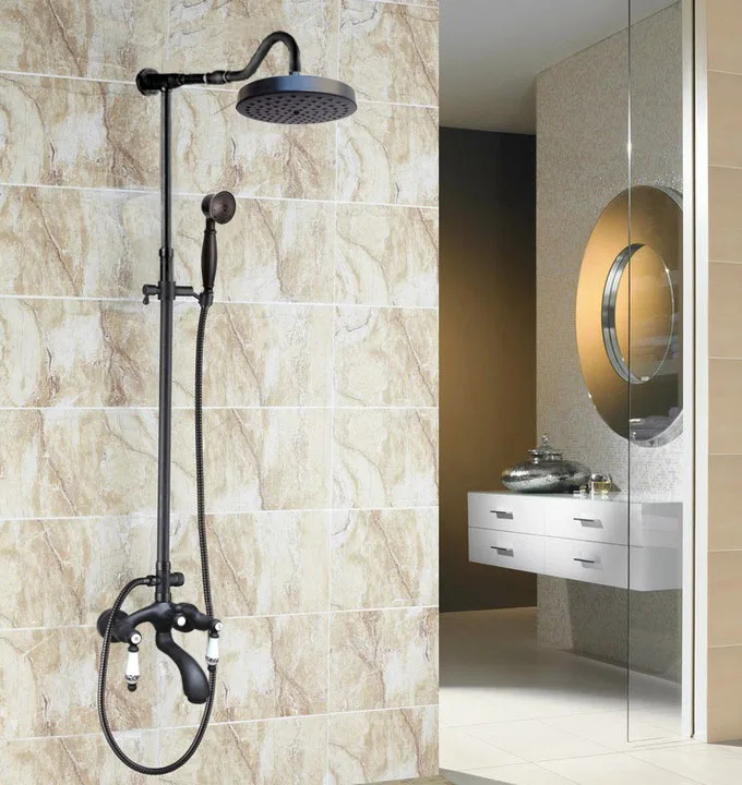 

Brass Wall Mount Black Oil Rubbed Bronze Bathroom Rain Shower Faucet Set Bath Tub Hot Cold Mixer Tap Dual Ceramic Handle ahg637