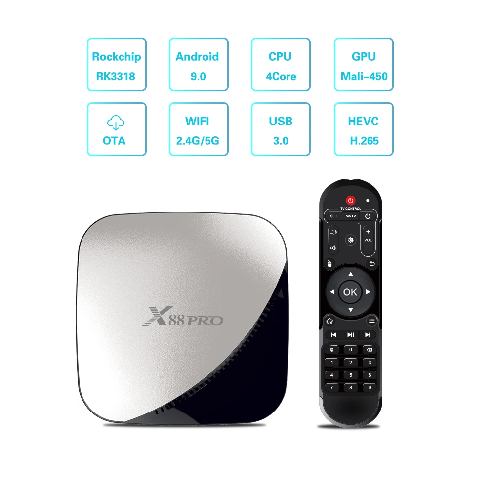 

X88 pro Android 9.0 TV Box 4G 64G Rockchip RK3318 4 Core 2.4G&5G Wifi 4K HDR Set Top Box USB 3.0 Support 3D Movie Ott Box