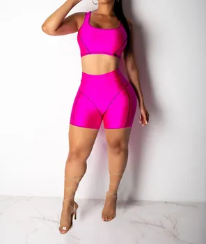 

2019 Summer Women Sexy Short Two Piece Set Sleeveless Crop Tops And Biker Shorts Bodycon Matching Sets Clothes