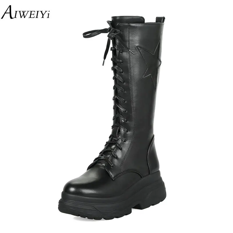 

AIWEIYi Women Mid Calf Boots Black Martin Boots British Style Gothic Punk Thick Warm Black Shoes Lace Up Thick Heels Shoes