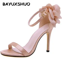 BAYUXSHUO/Летние босоножки; женские туфли на высоком каблуке с цветочным украшением; женские туфли на шпильке с открытым носком; милое Свадебная вечеринка на высоком каблуке; женская обувь