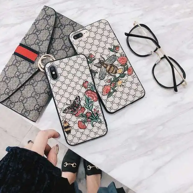 

Luxury Bee floral flower Phone Case for iphone 8 x 7 7plus 6 6s plus Xr Xs Max soft cloth fabric relief brand cover case coque