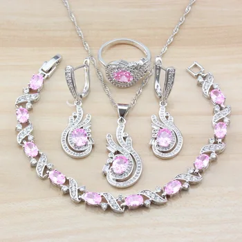

10-Color Princess Wedding Accessories Silver Color Bridal Jewelry Sets Pink CZ Costume Earrings Bracelet And Ring Sets
