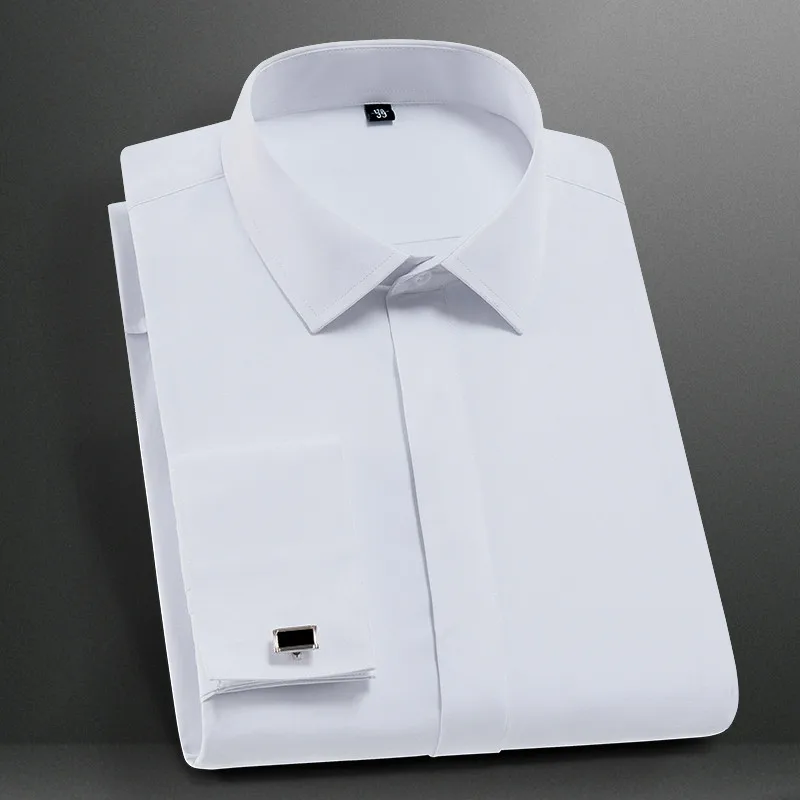 

France cufflinks included square collar covered button soft solid plain business party men dress shirts without front pocket