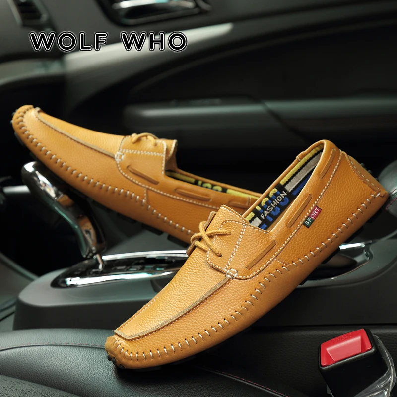 

WOLF WHO 2019 New Italian Genuine Leather Man Loafers Designer Slip On Driving Shoes Male High Quality Soft Flats krasovki X-193