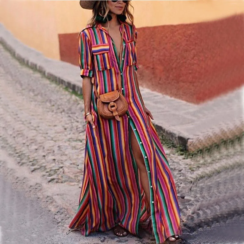 

Striped Shirt Long Maxi Dress Women Summer Chiffon Colorful Pocket Long Casual Dress Bohemian Boho Vocation Dresses