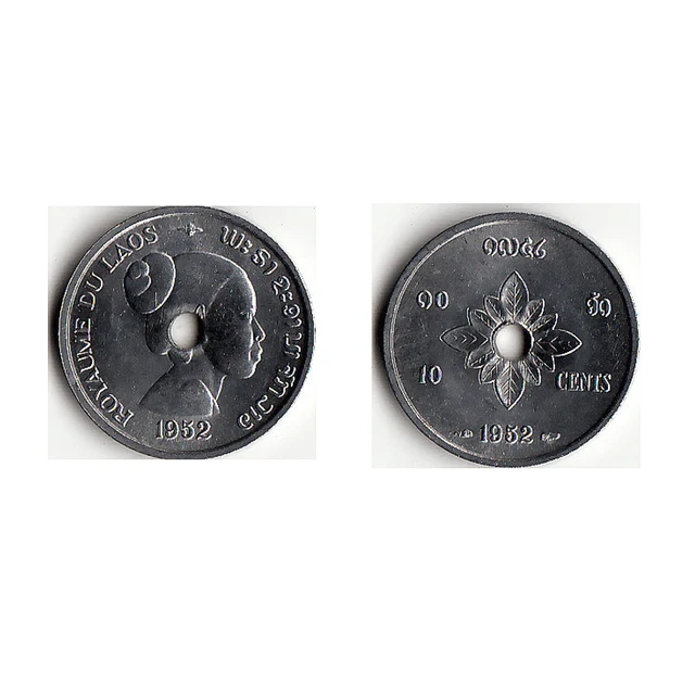 Moneda de 10 centavos 1952 KM #4 de Laos, monedas originales Moneda de 10 centavos 1952 KM #4 de Laos, monedas originales