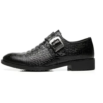 

New Luxury Black Men Business Dress Shoes Pointed Toe Oxfords Double Buckle Crocodile Pattern party Leisrue Shoes Size 38-44