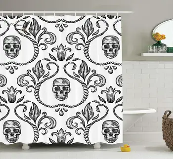 

Gothic Decor Collection Ornament with Skull Goth Skeleton Floral Design in Baroque Style Illustration Design Polyester Fabric