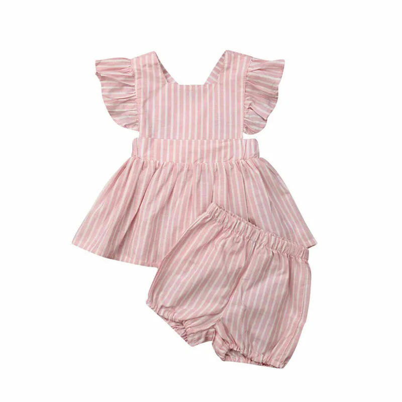 

Lovely Kids Baby Girls Clothes Sets 2019 Striped 2Pcs Fly Sleeve Backless Bodysuit Elastic Waist Shorts Girl Cotton Outfits 1-6Y