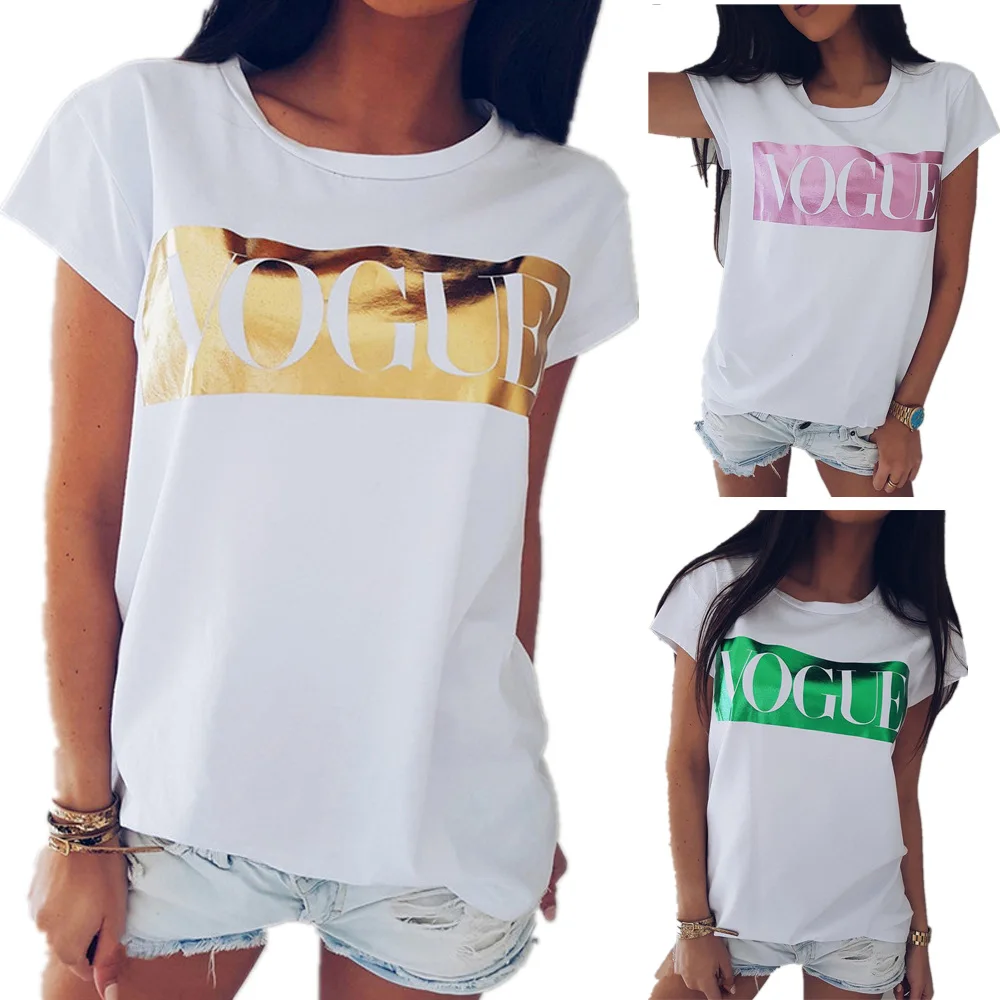 

2019 new Women t shirt ogue print casual round collar short sleeve tshirt