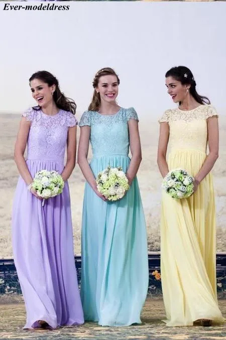 

Cheap Chiffon Bridesmaid Dresses Long 2019 Lace O-Neck Zipper Back A-Line Hotsale Wedding Guest Gowns estido de festa longo
