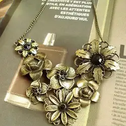 Женская винтажная мода инкрустированный черный горный хрусталь бронзовые цветы кулон ожерелье чокер