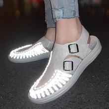 Мужские сандалии; Sandalias Hombre; флуоресцентные сандалии-гладиаторы для мужчин; летняя пляжная обувь в римском стиле; Вьетнамки; шлепанцы; светоотражающие туфли на плоской подошве