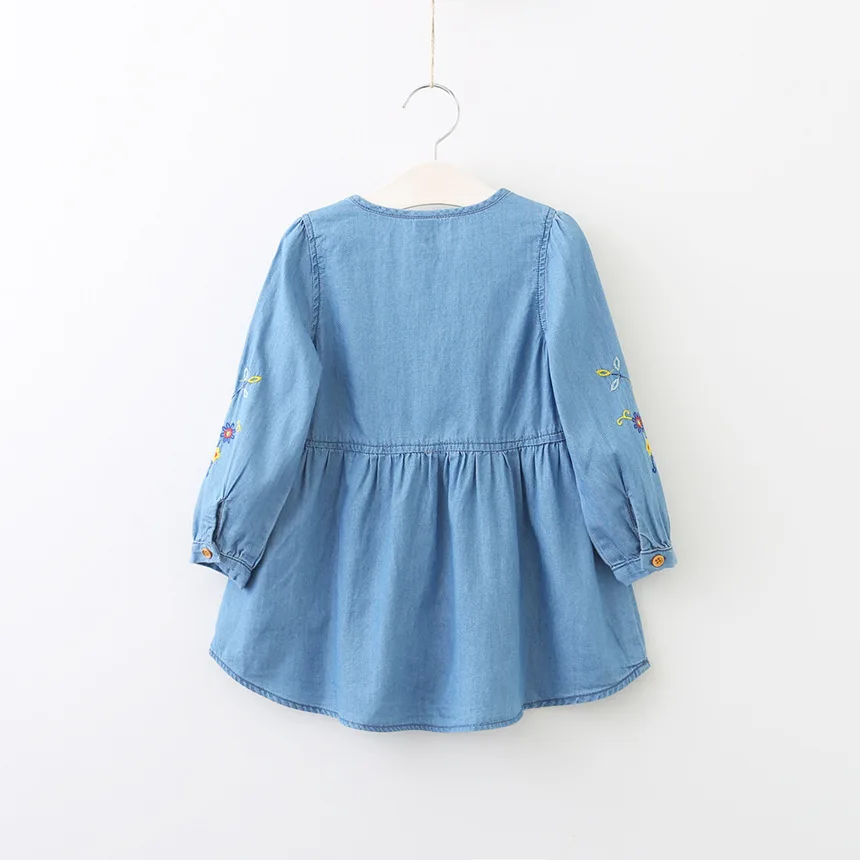 Осеннее хлопковое джинсовое платье для маленьких девочек Цветочное винтажные