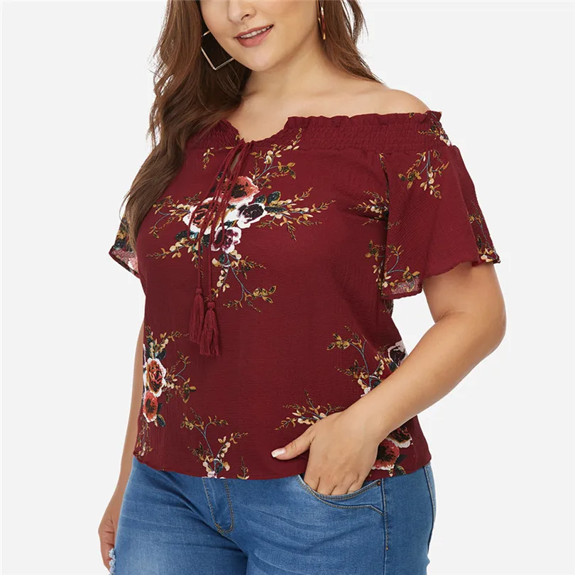 New Fashion Women Summer Casual Daily Plus Size Slash Neck Off Shoulder Floral Print Tassel Ribbons Top #4F05 (10)