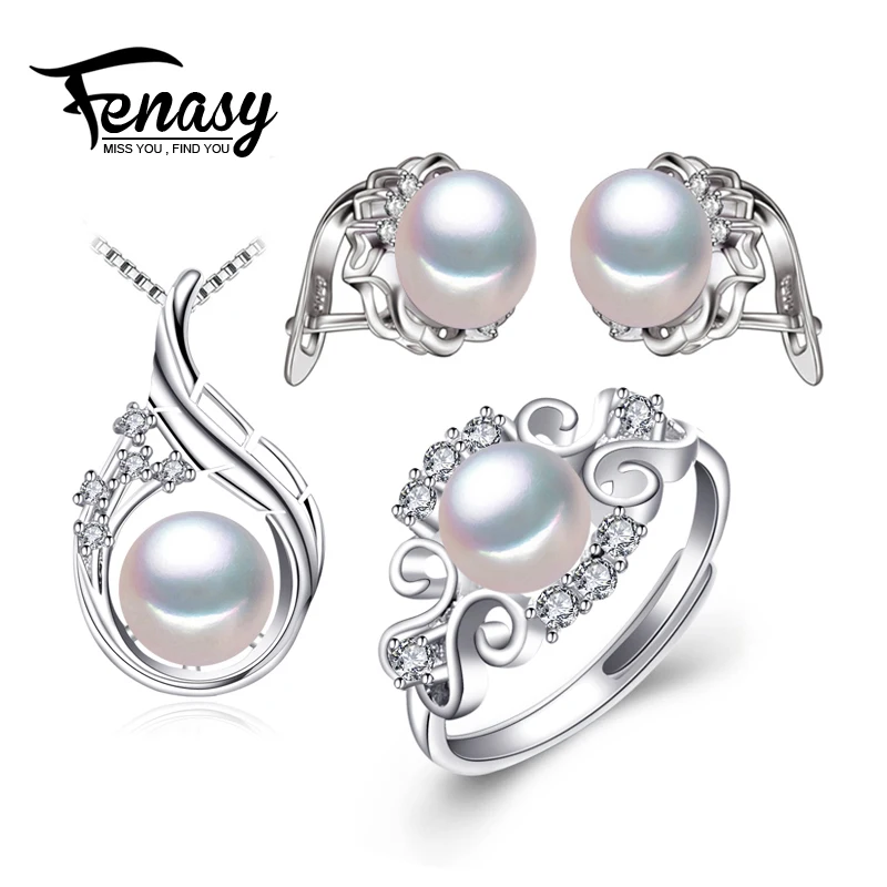 

FENASY 925 Sterling Silver earrings with stones,natural Pearl jewelry sets for women,bohemian set stud earrings party rings