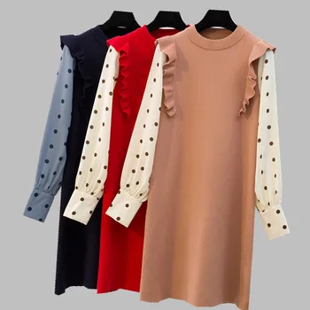 

HAMALIEL Plus Size Ruffles Knitted Loose Dress 2019 Spring Women Print Dot Patchwork Knit Sweater Dress Casual Vestidos L-4XL