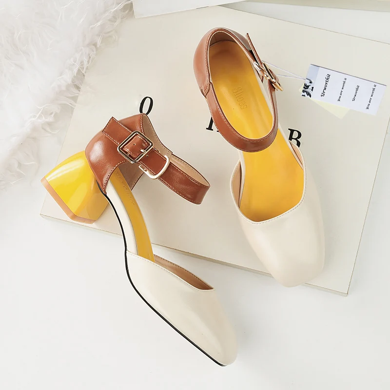 

2018 Woman Summer Block Medium Heels Sandals Ankle Strap Heels Female Quality Chunky Shoes Lady Sexy Green Yellow Party Pumps