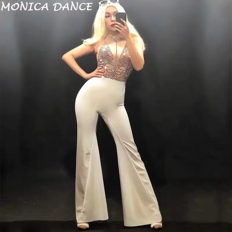 white jumpsuit with rhinestones
