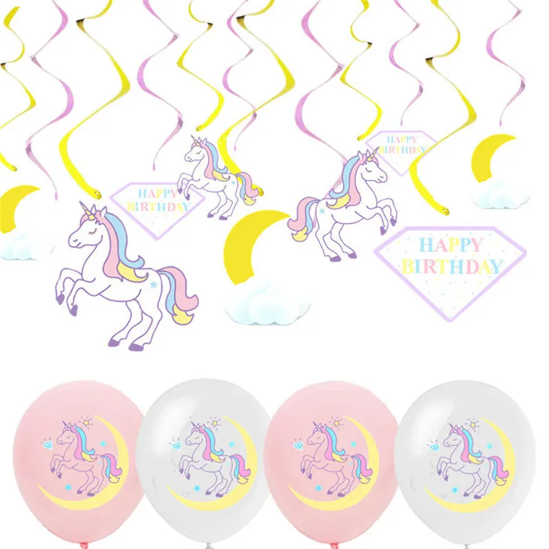 

12pcs Paperboard/Plastic Unicorn Party Ceiling Hanging Swirl Unicorn Streamers Slingers 1st Birthday Party Decoration PT91