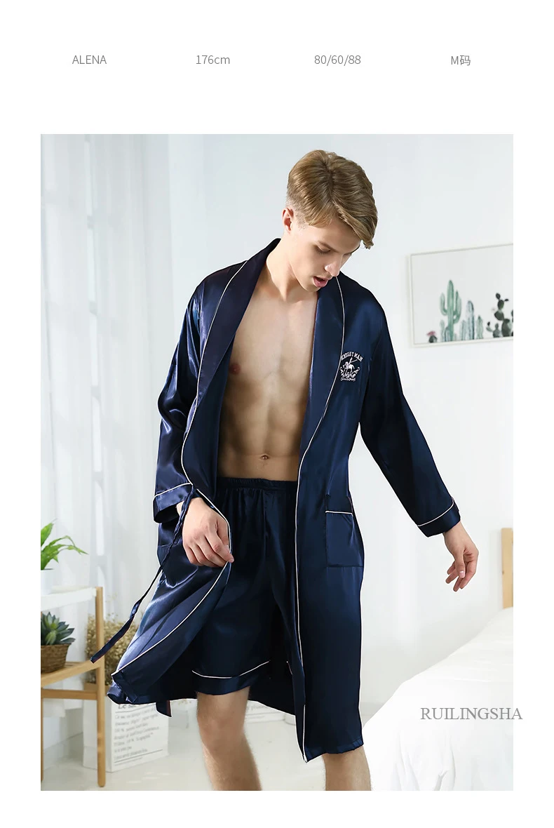 Мужские летние шелковые кимоно Pijiama атласные с длинным рукавом шорты или брюки пижамы платье корейский Двухсекционный пижамный комплект темно-синяя одежда для сна