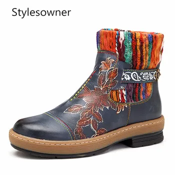 

Stylesowner Vintage Bohemian Ankle Boots Women Shoes Genuine Leather Knitted Wool Boot Tube Shoes Woman Autumn Fashion Boots