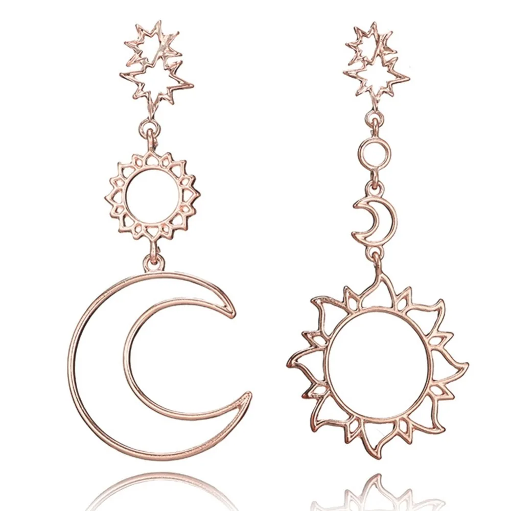 

IMIXLOT Fashion Hollow Five-pointed Star Moon Asymmetric Sun Long Earrings Geometric Rhombus Round Drop Earrings Jewelry