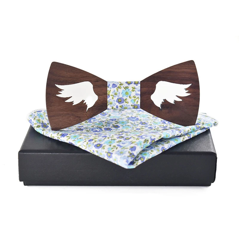  Mantieqingway Wood Bow Tie Handkerchief Set for Mens Suit Hollow Wooden Bowtie for Wedding Floral P