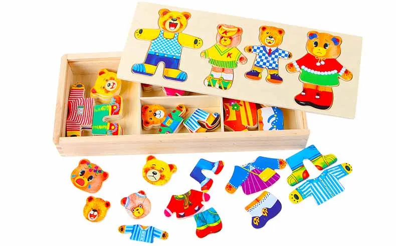 Мультфильм изменения медведь одежда пазл с изображением медведя игрушки, деревянные игрушки для детей головоломка обучающая игрушка Мальчики Девочки Одежда деревянная головоломка