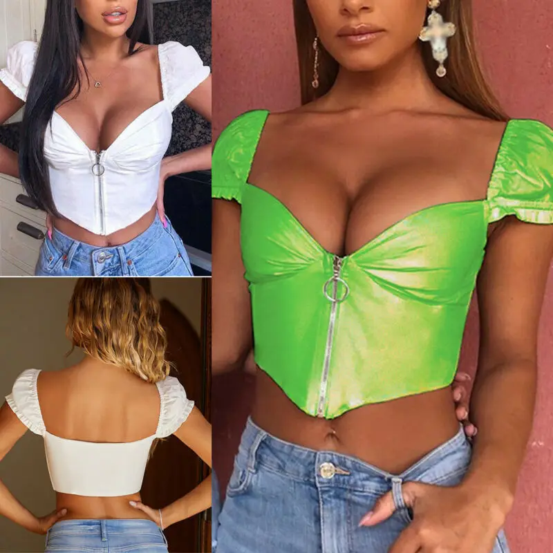 

2019 New Women Girl Summer Beach Puff Short Sleeve T-Shirt Zipper Slim Sexy Cami Clubwear Crop Top