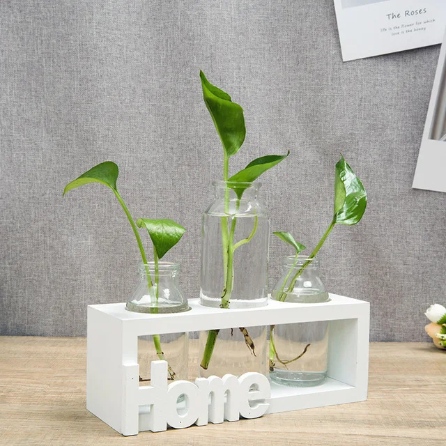 3 Glass Vases White Современная стеклянная ваза и деревянная база Гидропоника зеленый контейнер для растений домашний Настольный Декор украшение цветочный горшок - Цвет: 3 Glass Vases White