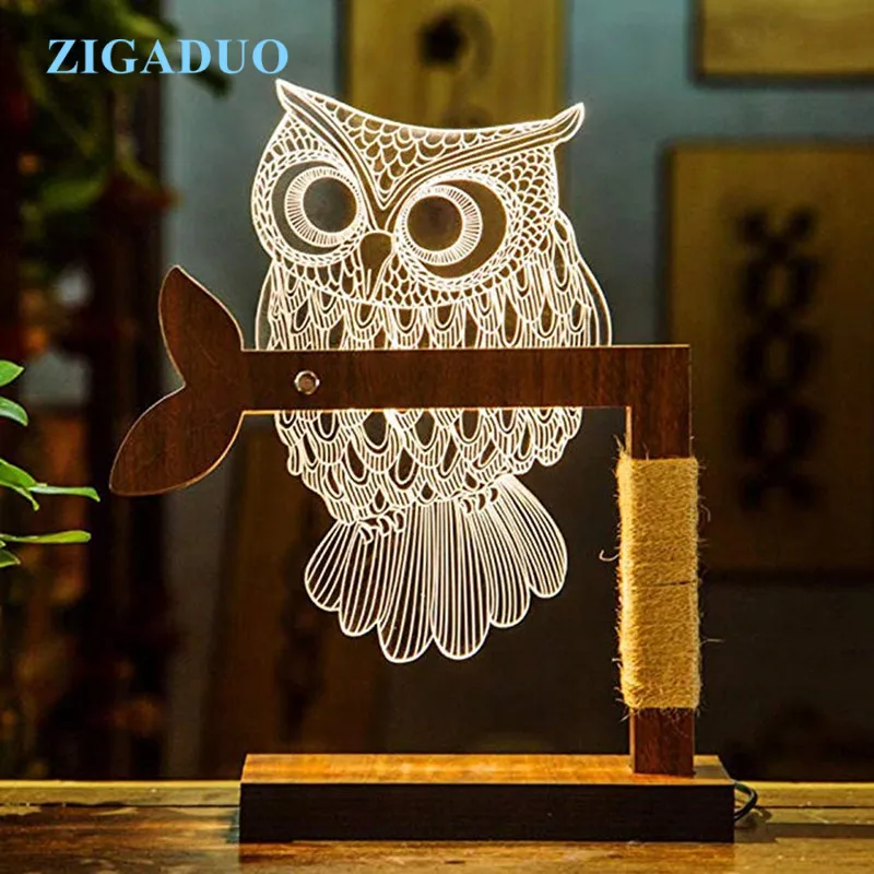 

3D Wooden LED OWL Animal Night Light Warm Lighting Table Reading Lamps Bedroom Home Decor Birthday Gift