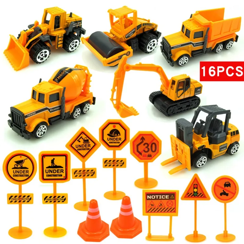 16 Pcs Alloy Diecast Car Construction Vehicle Engineering Car Excavator Dump Roller Truck Model Toys Lot for Children Adult#25A