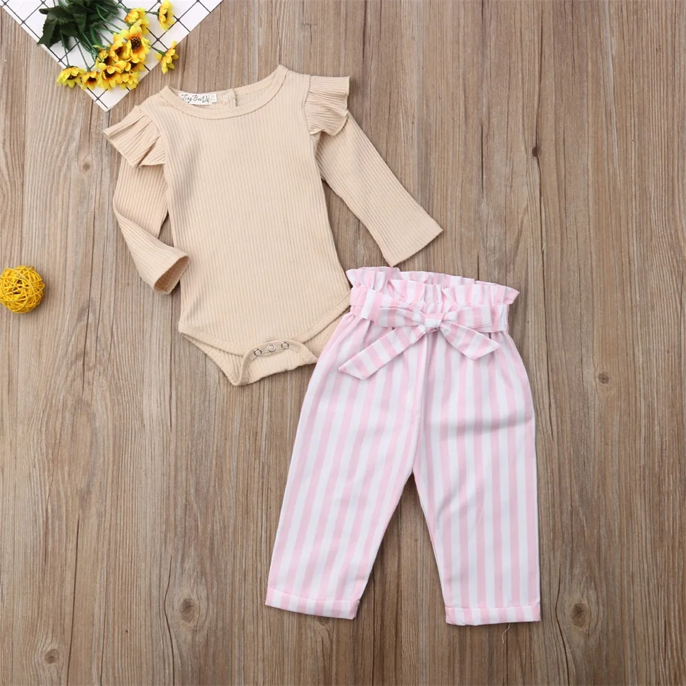 Cute Newborn Infant Baby Girl Sweet Outfit Clothes Ruffle Long Sleeve Romper Bow Tie Striped Pants Trousers Clothes Set