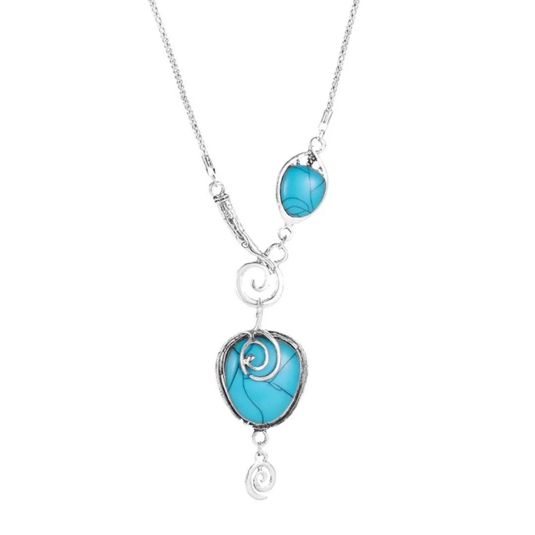 

Women Vintage Ethnic Natural Stone Silver Plated Necklace Jewelry Shellhard Handmade Silver Spiral Pendant Statement Long Chain