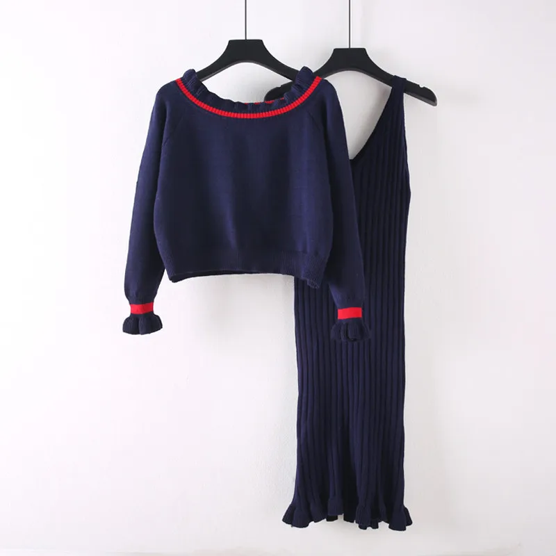 

Korean Women Dress Sets 2018 Autumn Fashion Long Sleeve Knit Suits Slash Neck Sweater Knit Sets Casual Two Piece 2PC Outfits