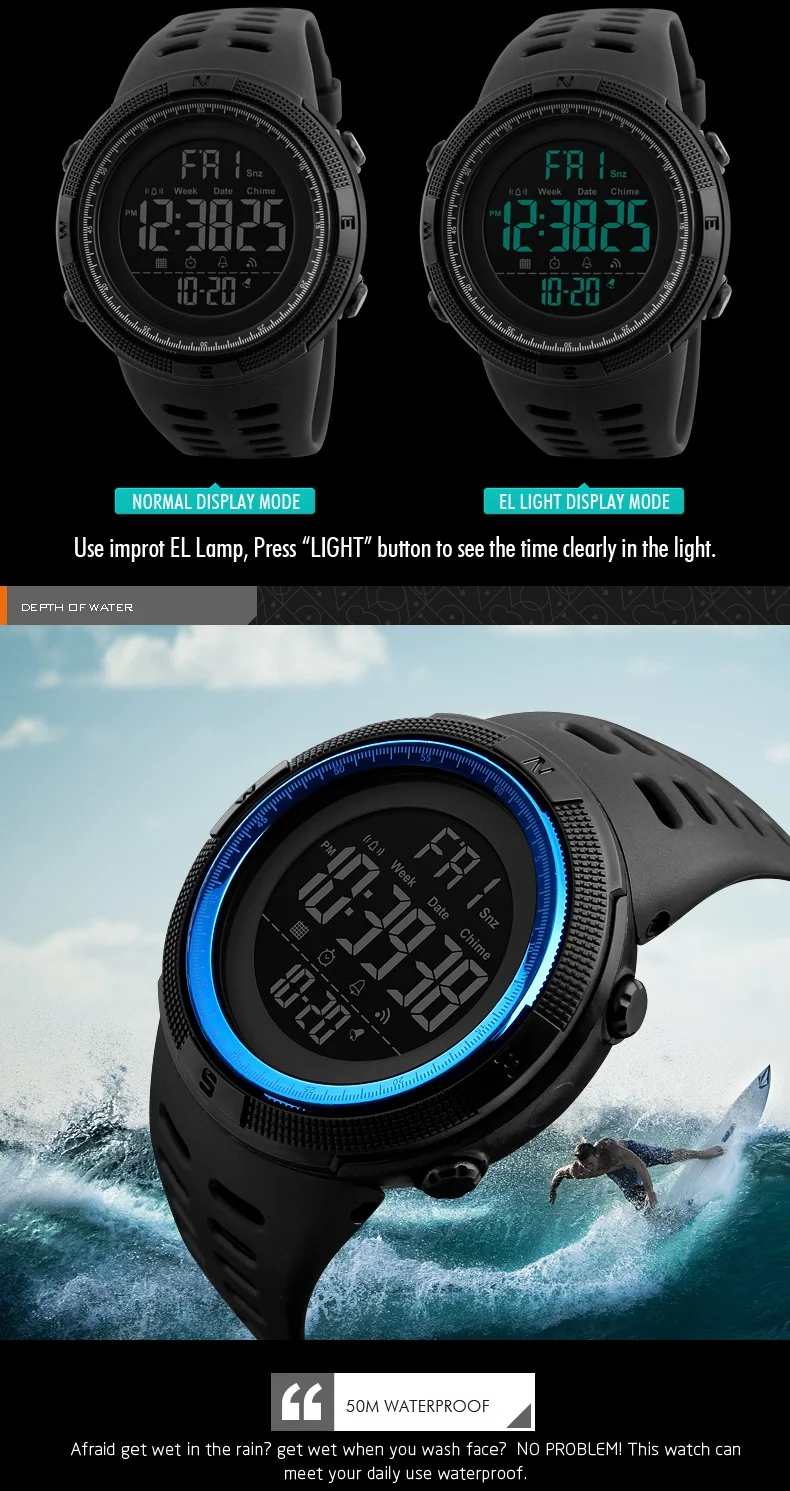 Мужские спортивные часы SKMEI модные светодио дный цифровые светодиодные военные часы Chrono обратный отсчет мужские водостойкие цифровые часы