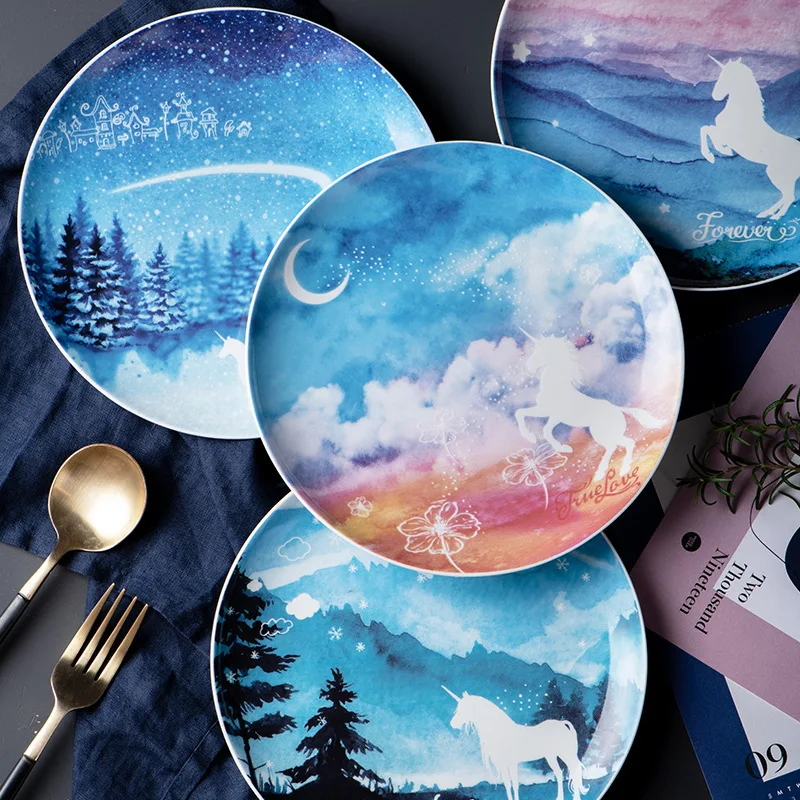 

1pc Unicorn Ceramics Plate Ins Northern Plate Fruits Salad Dish Food Pastry 8 Inch Disc Blow Best Christmas Gift For Family