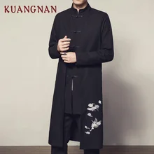 KUANGNAN китайский журавль с вышивкой длинное пальто Мужское пальто уличная длинная куртка мужской длинный Тренч пальто для мужчин ВЕСНА Новинка