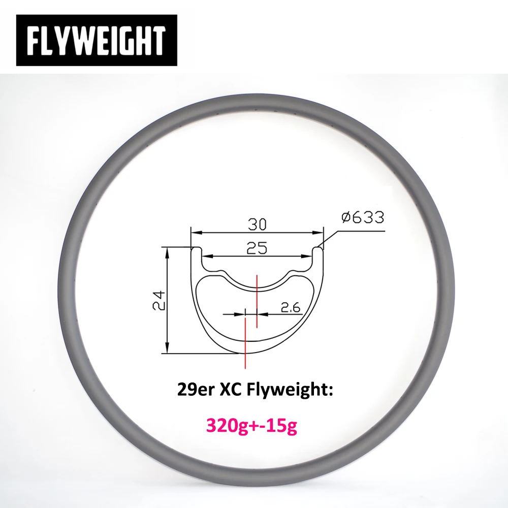Flyweight 320g 29er MTB XC 30 мм Асимметричный 24 Глубокий UD 3K твил 12K углеродный обод