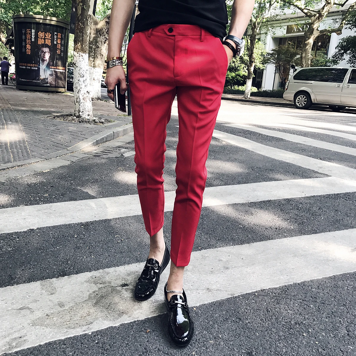 red cargo pants with belt