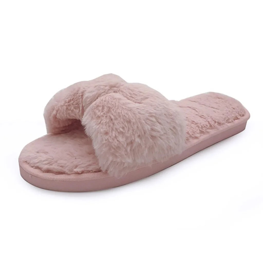 

Fashion Warm Shoes Woman Slip on Flats Winter Women Home Slippers with Faux Fur Female Slides Gray Beige Pink Plus Size 36-41