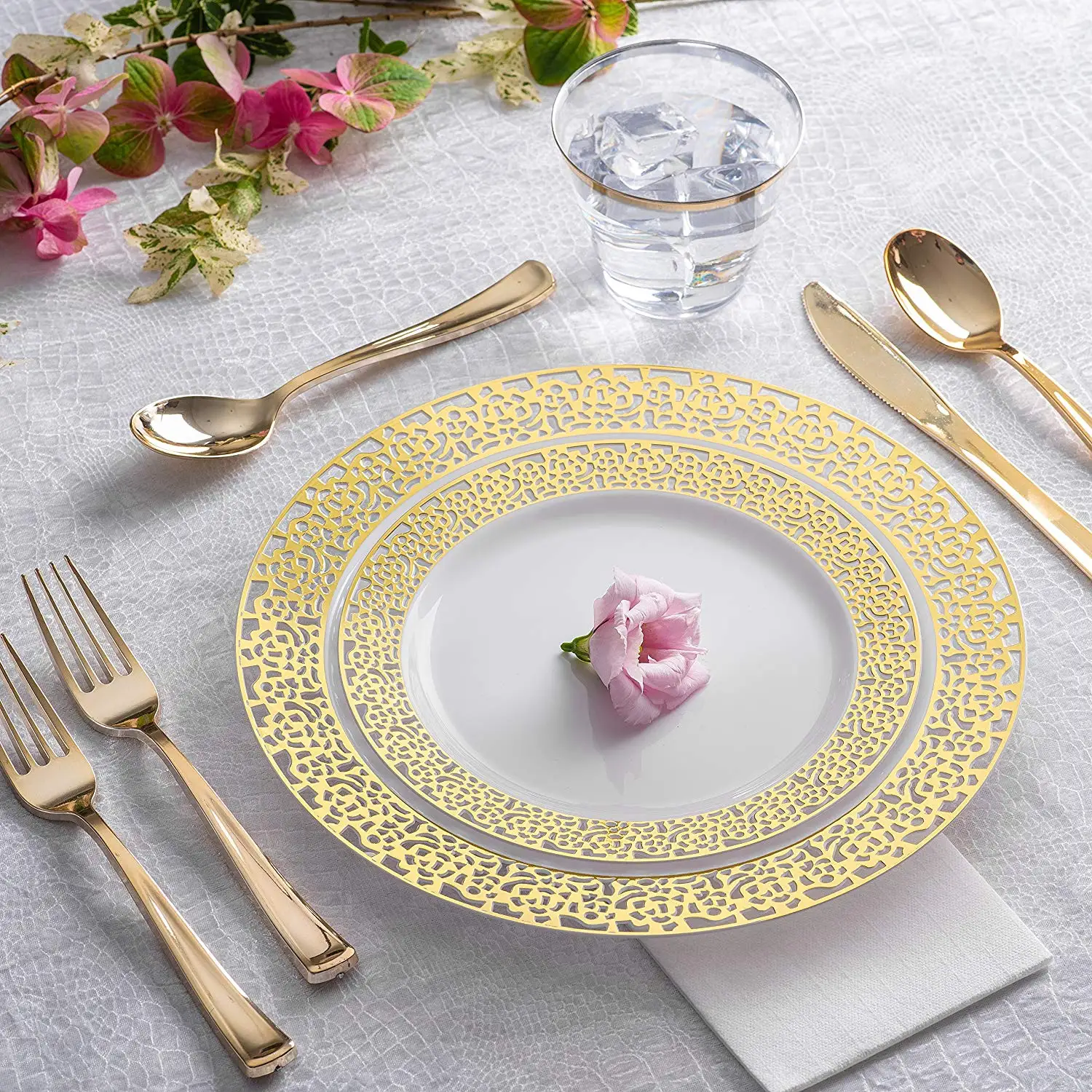 Gold Plastic Knives Disposable Cutlery, Heavy Duty Flatware, Plastic Silverware Set for Catering Events, Parties, Weddings
