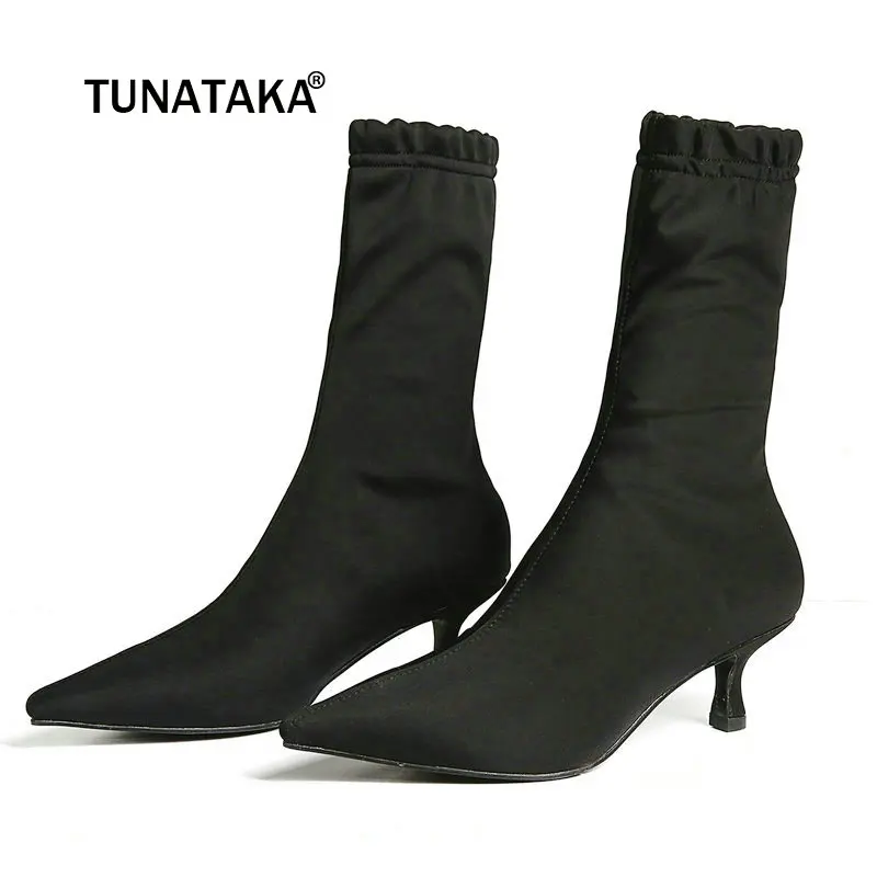 

Women Comfort Stretch Fabric Thin Heel Ankle Sock Boots Fashion Slip On Pointed Toe Lady Fall Winter Bootie Black