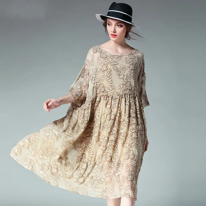 Oversize Embroidery Dress Women Vintage High Waist Summer Midi Dresses
