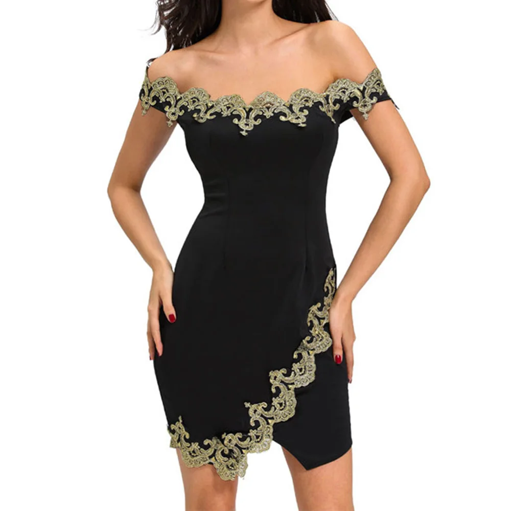 Gold-Lace-Applique-Black-Off-Shoulder-Mini-Dress-LC22715-2-1