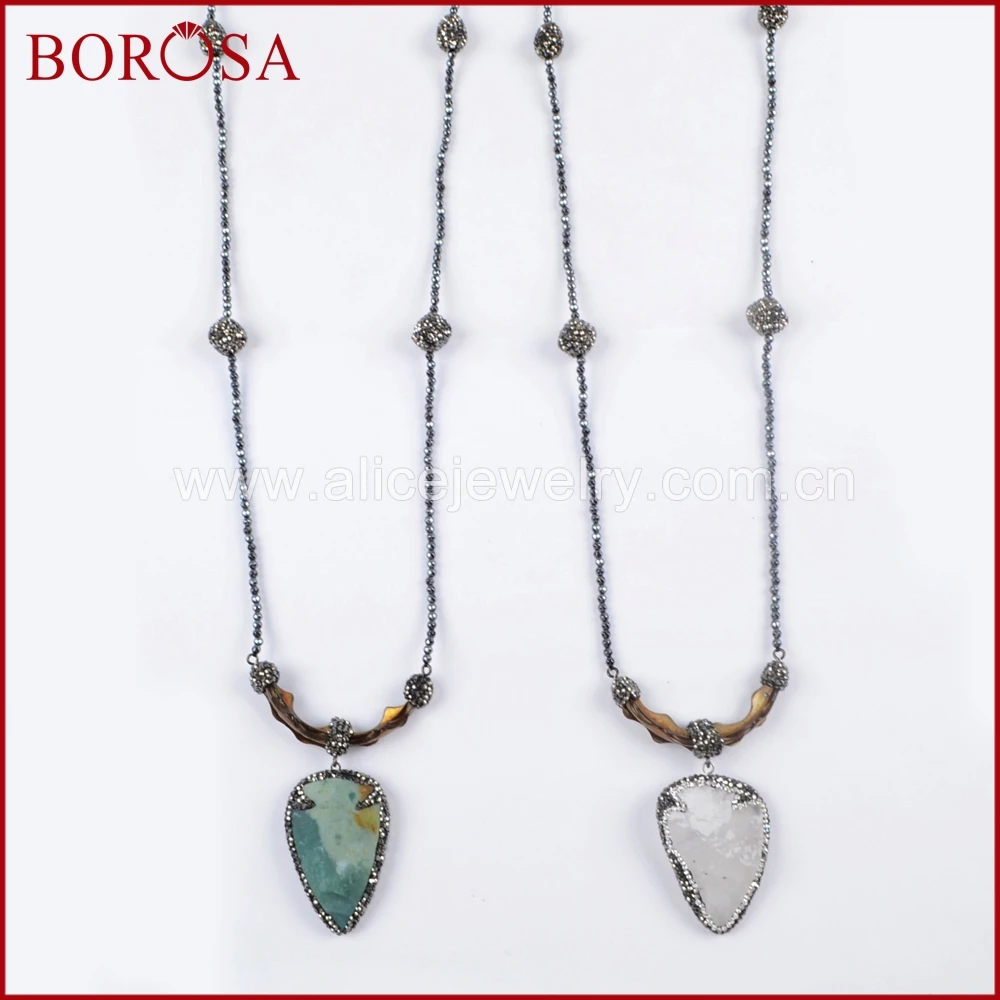 BOROSA 3PCS Rhinestone Pave Arrowhead Jaspers Pendant Necklace Drusy Long Black Beads 36'' for Women Wholesale JAB910 | Украшения и