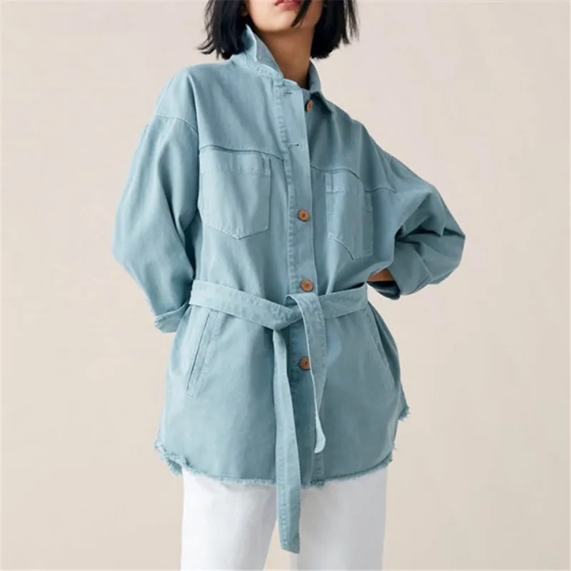 

Female Streetwear Double Pockets Denim Women Jacket Spring Casual Sashes Jeans Loose Long Coats Female Chaquetas Mujer Jacket