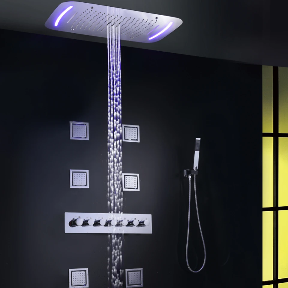 Bathroom Rain Shower Faucet Set Waterfall Bath Mixer Shower Panel Ceiling LED Shower Head Thermostatic Bath & Shower System